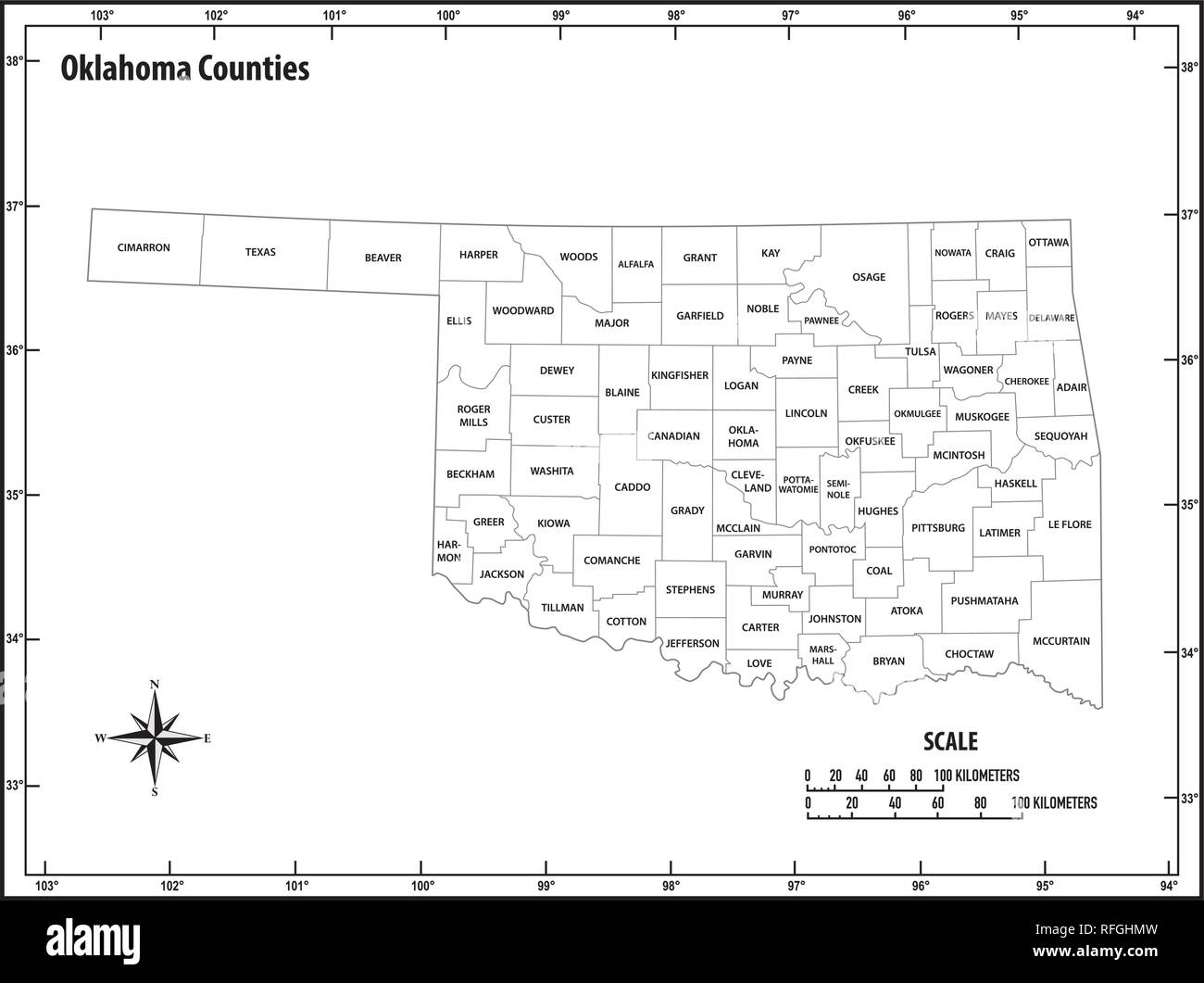 Oklahoma State administrative et politique contour carte vectorielle en noir et blanc Illustration de Vecteur