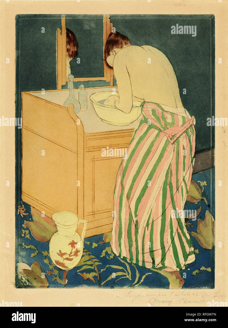 Femme au bain. En date du : 1890-1891. Dimensions : Plateau : 36,5 x 26,6 cm (14 3/8 x 10 1/2 in.) feuille : 47,9 x 31,2 cm (18 7/8 x 12 5/16 in.). Médium : pointe sèche et aquatinte sur papier vergé. Musée : National Gallery of Art, Washington DC. Auteur : Mary Cassatt. MARY CASSATT. Banque D'Images
