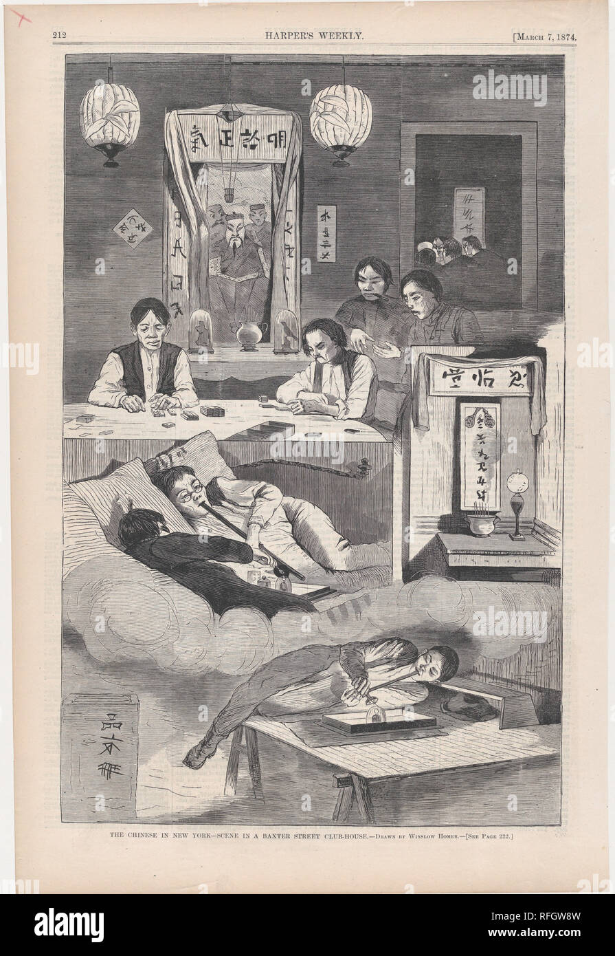 Les Chinois à New York - Scène dans un Baxter Street Club-House - Dessiné par Winslow Homer (Harper's Weekly, Vol. XVIII). Artiste : Winslow Homer (Américain, Boston, Massachusetts 1836-1910 Prouts Neck, Maine). Dimensions : image : 10 7/8 x 9 1/8 in. (27,6 x 23,2 cm) : feuille 15 x 10 13/16 9/16 in. (40,2 x 26,9 cm). Editeur : Harper's Weekly (Américain, 1857-1916). Date : mars 7, 1874. Musée : Metropolitan Museum of Art, New York, USA. Banque D'Images