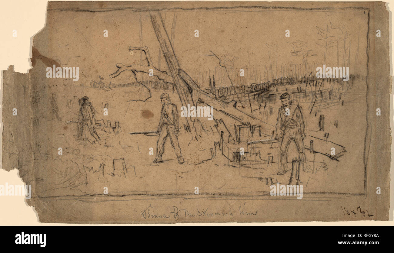 L'avance de la ligne d'escarmouche. En date du : 1864. Fiche technique : Dimensions : 26,2 × 45,6 cm (5/16 10 × 17 15/16 in.). Médium : graphite et noir et craie blanche sur papier vergé. Musée : National Gallery of Art, Washington DC. Auteur : Winslow Homer. Banque D'Images L'avance de la ligne d'escarmouche. En date du : 1864. Fiche technique : Dimensions : 26,2 × 45,6 cm (5/16 10 × 17 15/16 in.). Médium : graphite et noir et craie blanche sur papier vergé. Musée : National Gallery of Art, Washington DC. Auteur : Winslow Homer. Banque D'Images