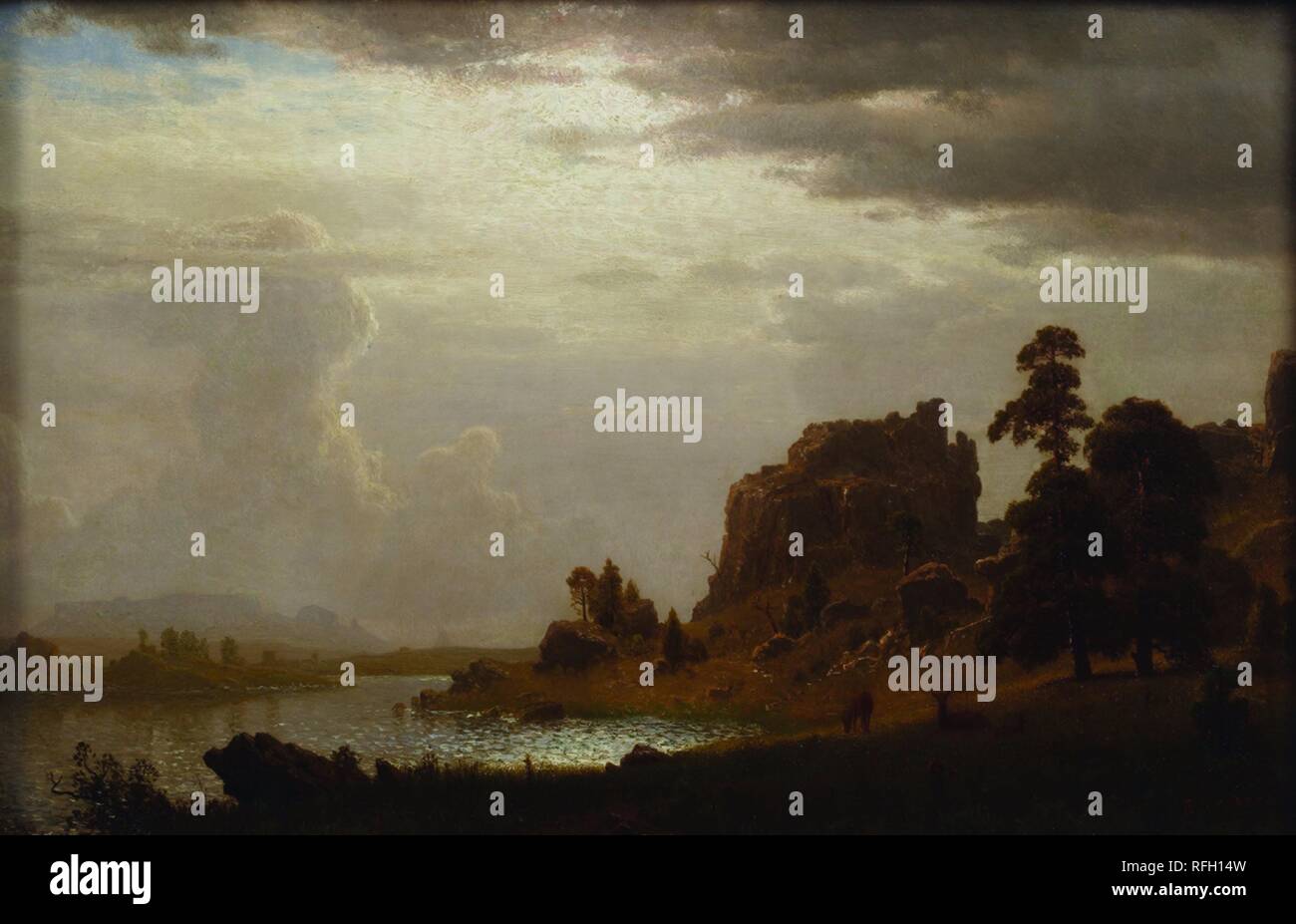 Sur le Sweetwater près de la porte du diable. Date/période : 1860. Sur base d'huile. Hauteur : 12,2 cm (31,1 in) ; largeur : 18 cm (45,7 in). Auteur : Albert Bierstadt. Banque D'Images