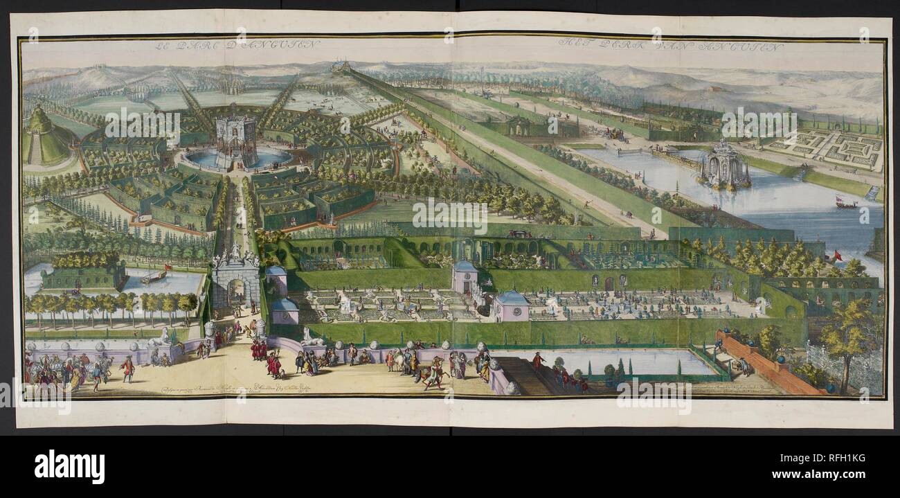 Le parc à Enghien. Une collection de 86 plans et vues de La Haye. Amsterdam, 1718. Le parc à Enghien (ca. 1685). L'élaborer gardens comprenait des parterres ornés de statues classiques, avenues bordées d'arbres, une orangerie, un grand monticule de visualisation (un italien), un grand pavillon, sur une île entourée par l'imitation de bastions, une fontaine sculptée au milieu d'un réservoir, d'un petit jardin en terrasses sur une île artificielle (une autre caractéristique italienne), et une série de jardins plus traditionnel entouré d'une couverture des tunnels. Il y avait même un tiltyard et une piscine équitation schoo Banque D'Images
