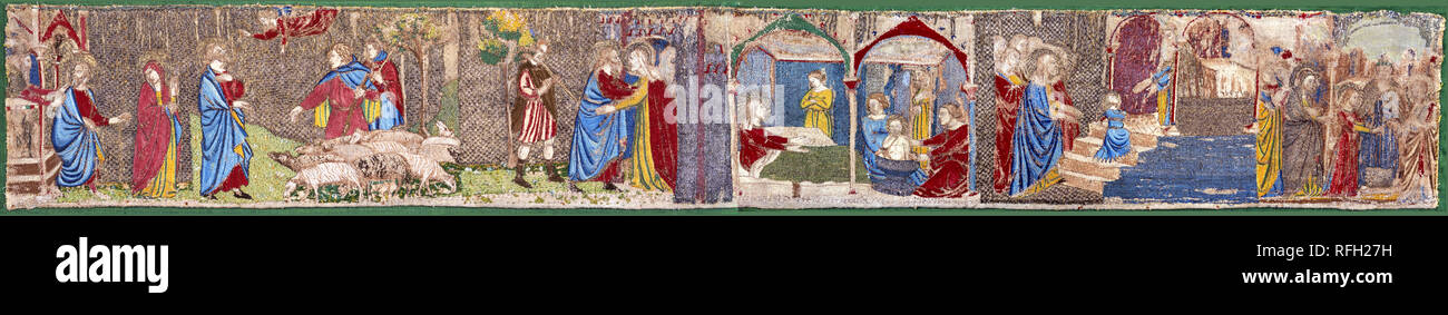 La broderie avec des scènes de la vie de la Vierge. Date/période : 1330 - 1350. Textile. Or, de la soie, et Silver Threads sur lin. Hauteur : 165 mm (6.49 in) ; largeur : 1 210 mm (47.63 in). Auteur : artiste inconnu. Banque D'Images