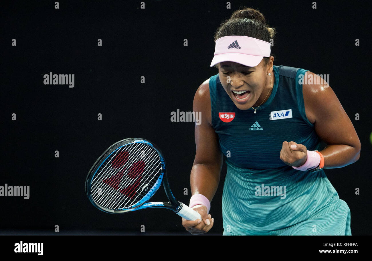 Melbourne, Australie. 26 janvier, 2019. Naomi Osaka du Japon réagit au cours du dernier match féminin entre Naomi Osaka du Japon et Petra Kvitova de la République tchèque à l'Open d'Australie 2019 à Melbourne, Australie, le 26 janvier 2019. Credit : Hu Jingchen/Xinhua/Alamy Live News Banque D'Images