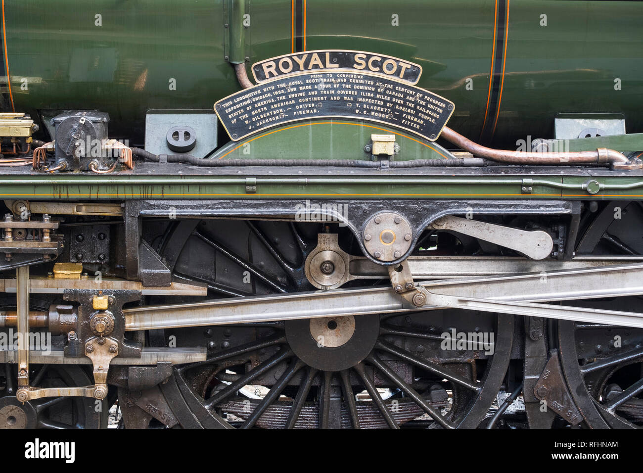Roues et bielles du Royal Scot photographié à la locomotive sur l'accueil des visiteurs de Highley station Severn Valley Railway, Shropshire, England, UK Banque D'Images