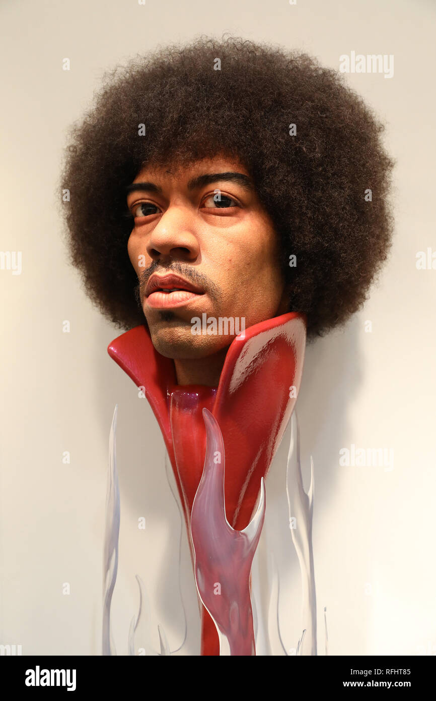 Hyper-vrai portrait sculpture de Jimi Hendrix par Kazuhiro Tsuji au LA Art Show à Los Angeles Convention Center. Banque D'Images