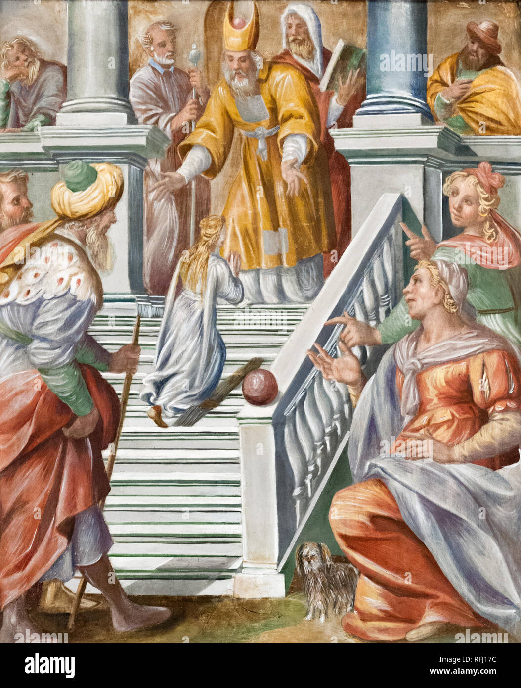 Peinture de la présentation de la Bienheureuse Vierge Marie ou aussi appelé l'entrée de la Très Sainte Vierge Marie au Temple, dans une église. Banque D'Images