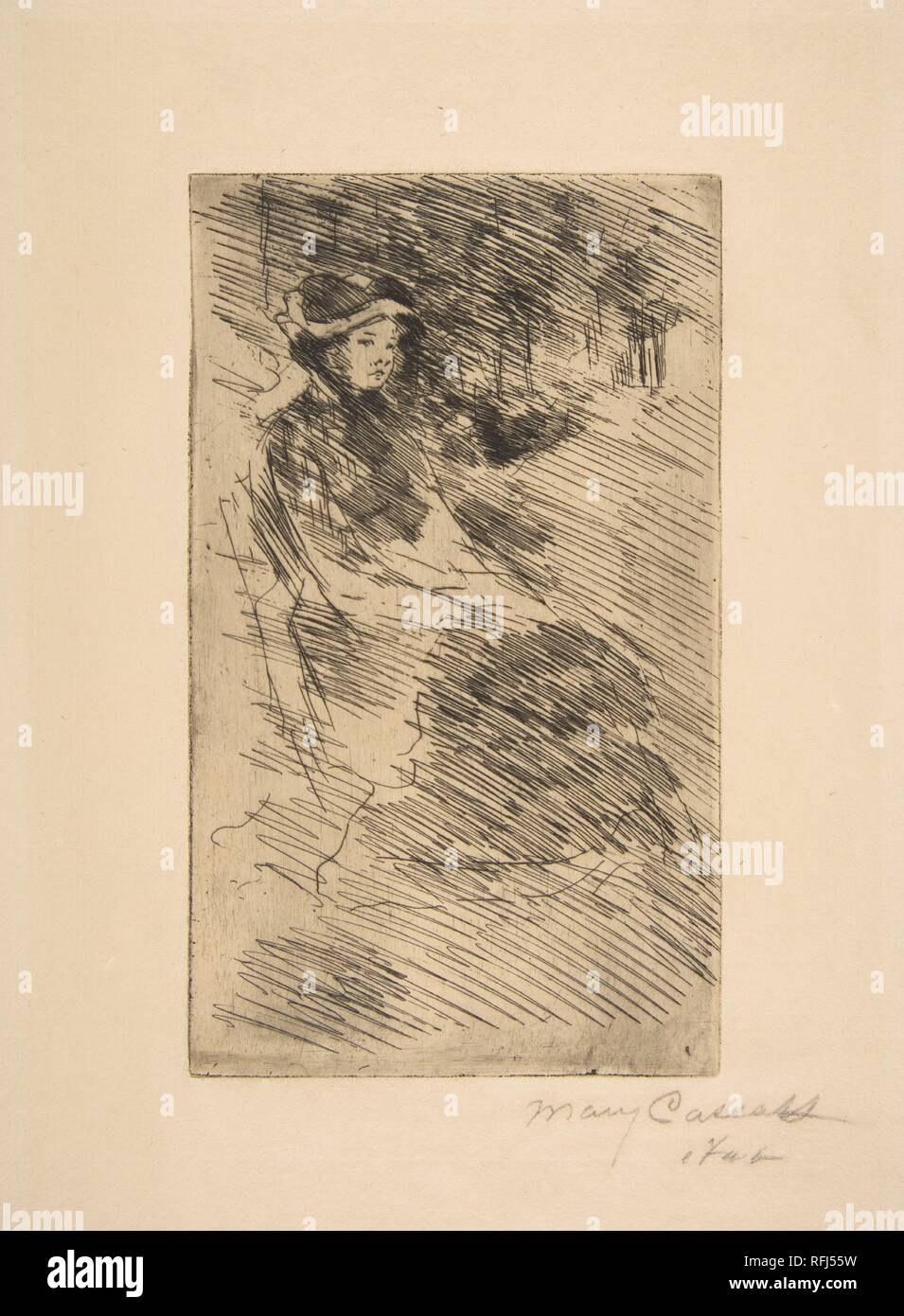 Lydia en regardant vers la droite : arbres au-delà. Artiste : Mary Cassatt (Américain, Pittsburgh, Pennsylvanie 1844-1926 Mesnil-Théribus, Oise). Dimensions : plateau : 7 3/4 x 4 1/2 in. (19,6 x 11,4 cm) : Feuille 14 1/2 x 10 7/8 in. (36,8 x 27,6 cm). Date : ca. 1881. Musée : Metropolitan Museum of Art, New York, USA. Banque D'Images
