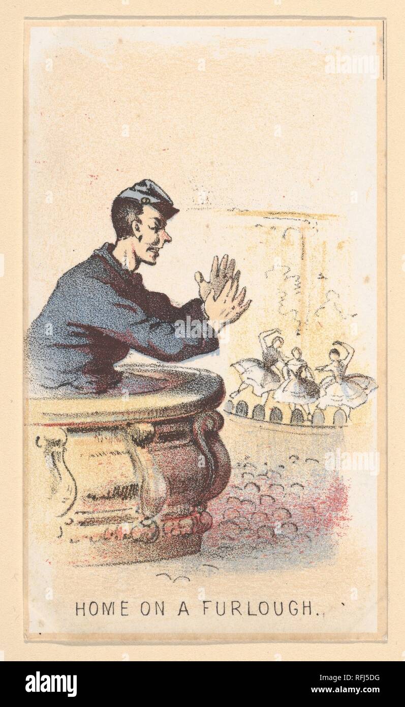 La vie au camp, Partie 2 : sur le congé d'accueil. Artiste : Winslow Homer (Américain, Boston, Massachusetts 1836-1910 Prouts Neck, Maine). Fiche Technique : Dimensions : 4 1/8 x 2 3/8 in. (10,4 x 6,1 cm). Editeur : Louis Prang & Co. (Boston, Massachusetts) ; Beadle & Co. (Londres). Date : 1864. En 1864, Homer conçu deux séries de cartes de collection lithographiées intitulé La vie au camp. Contrairement à ses images de guerre pour Harper's Weekly, l'artiste se sentaient libres d'injecter de l'humour dans ces commentaires miniature sur la vie dans l'armée que Inclure images des épouses et fiancées et les soldats en permission. Ici un callow secteur bénéficie d'une nuit à la ba Banque D'Images