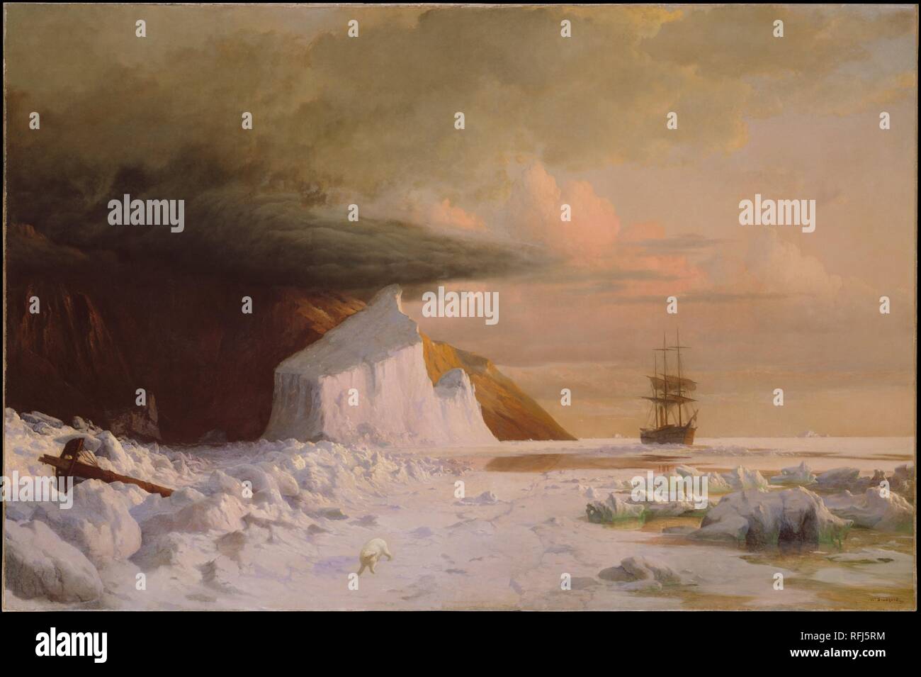Un été arctique : plate à travers le peloton dans la baie de Melville. Artiste : William Bradford (Américain, 1823-1892). Dimensions : 51 x 78 3/4 in. (131,4 x 198,1 cm) ; produits : 60 x 86 1/2 x 4 in.. Date : 1871. En 1861, le peintre de marine William Bradford a fait la première de ses huit expéditions dans l'Arctique. Cette peinture, basées sur des photographies et des croquis réalisé lors de son dernier voyage, en 1869, montre l'artiste's steamer, Panther, qui naviguent sur son chemin à travers la glace d'été le long de la côte nord du Groenland. Panther est l'un des nombreux navires engagés dans la recherche du Passage du Nord-Ouest entre l'Atla Banque D'Images