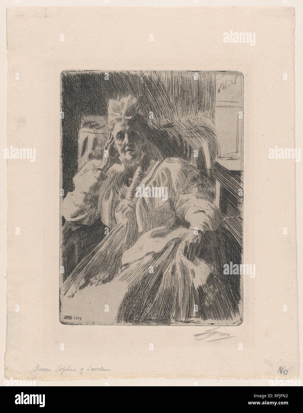 La Reine Sophie de Suède. Artiste : Anders Zorn (suédois, Mora mora 1860-1920). Dimensions : Plateau : 9 3/4 × 7 1/16 in. (24,8 × 18 cm) feuille : 14 × 3/16 11 3/16 po. (36 × 28,4 cm). Sitter : Sophia Wilhelmina Mariana Henrietta, Reine de Suède (suédois, 1836-1913). Date : 1909. Musée : Metropolitan Museum of Art, New York, USA. Banque D'Images