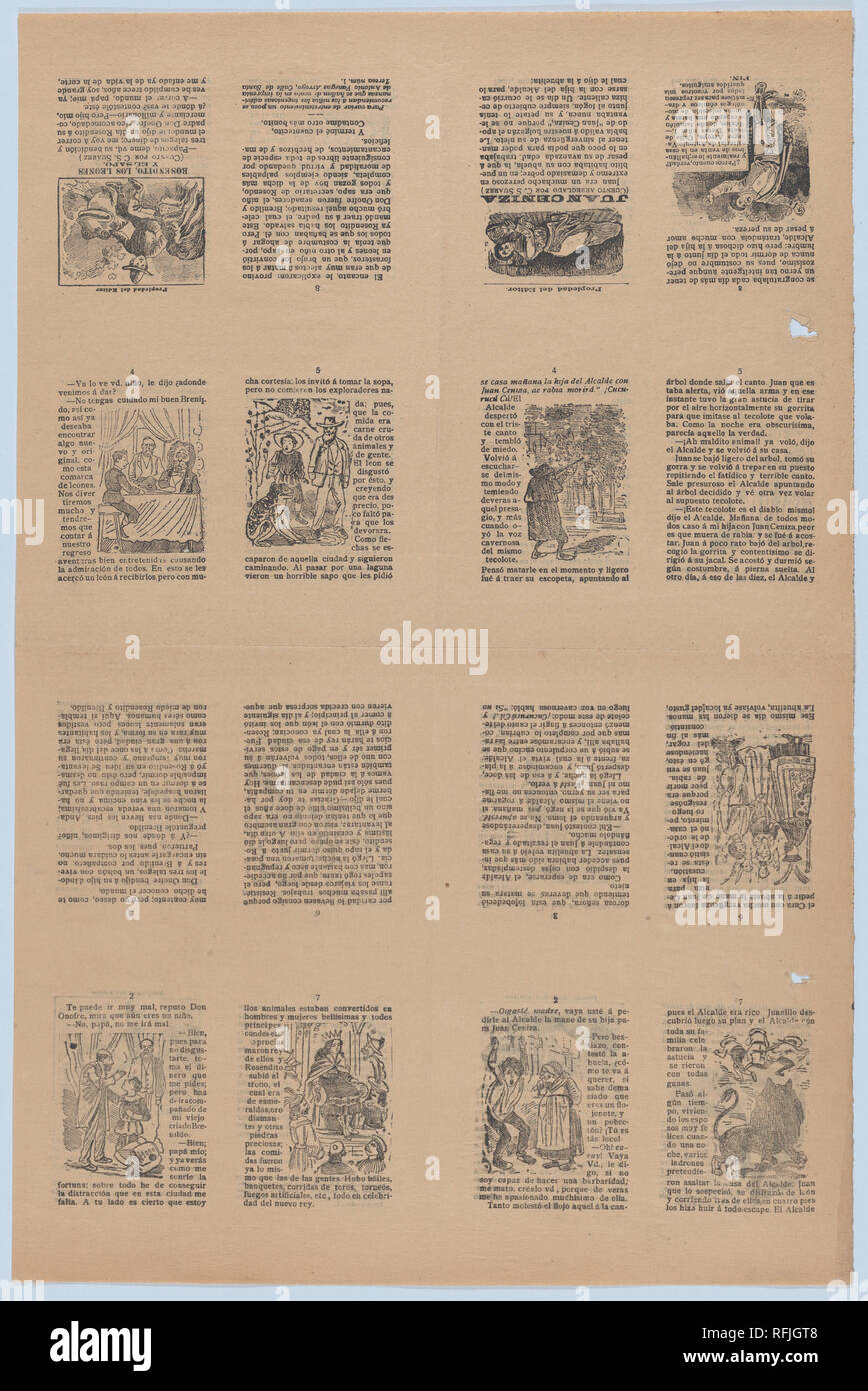 Une feuille non imprimées des deux côtés avec des pages de 'Juan' Ceniza (cuento arreglado por C. S. Suarez) et 'Rosendito, los Leones y el sapo' (cuento por C. S. Suarez). Artiste : José Guadalupe Posada (1851-1913), Mexicain. Fiche Technique : Dimensions : 21 7/8 × 14 3/8 in. (55,5 × 36,5 cm). Editeur : Antonio Vanegas Arroyo (1850-1917, Mexique). Date : ca. 1900-1910. Musée : Metropolitan Museum of Art, New York, USA. Banque D'Images