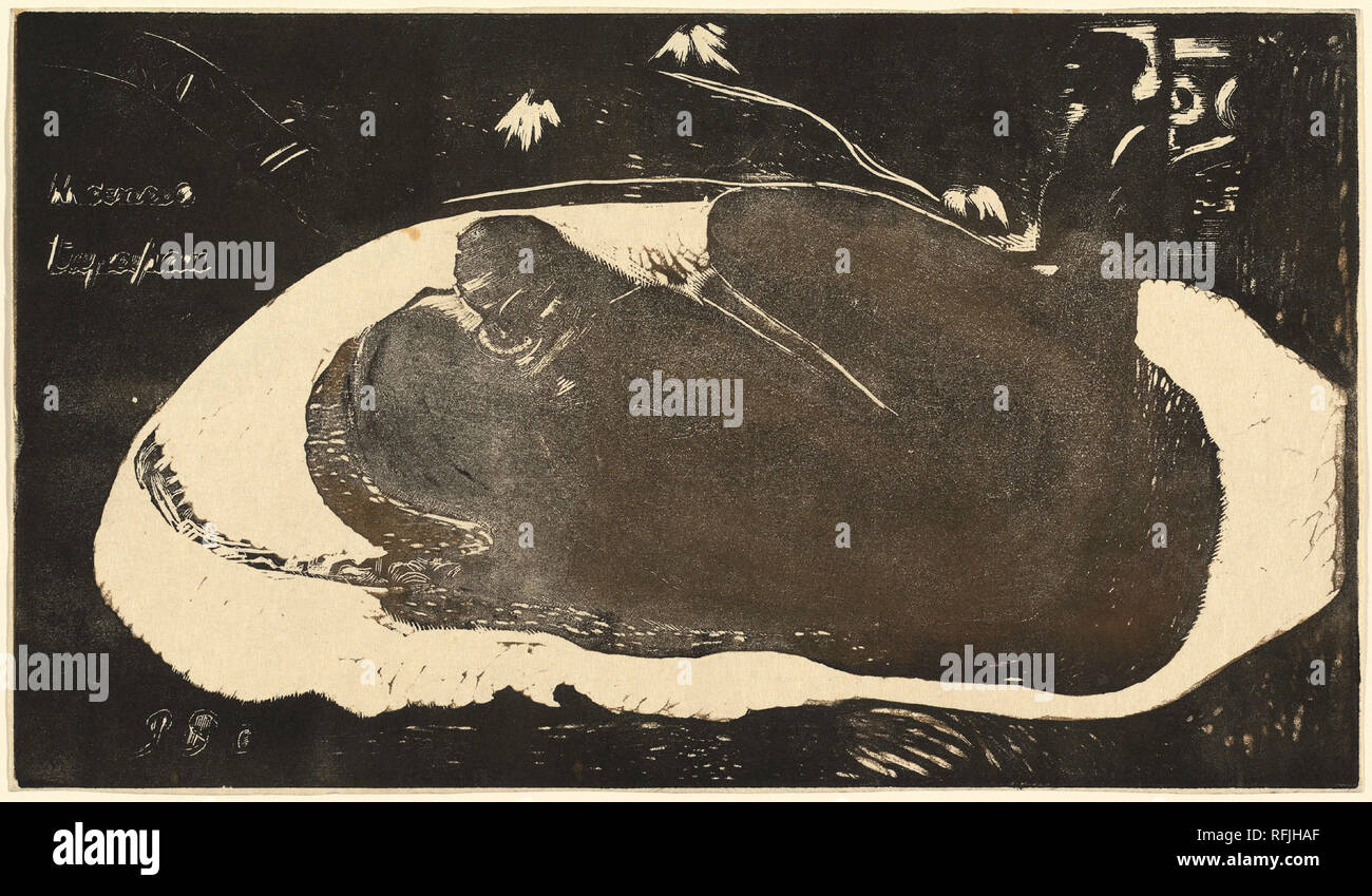 Manao Tupapau (elle est hantée par un esprit). En date du : 1893-1894. Dimensions : bloc : 20,4 x 35,5 cm (8 1/16 x 14 in.) : 20,8 x 35,7 Fiche cm (8 3/16 x 14 1/16 in.). Médium : gravure sur bois en brun et noir sur papier japon. Musée : National Gallery of Art, Washington DC. Auteur : Paul Gauguin. Banque D'Images