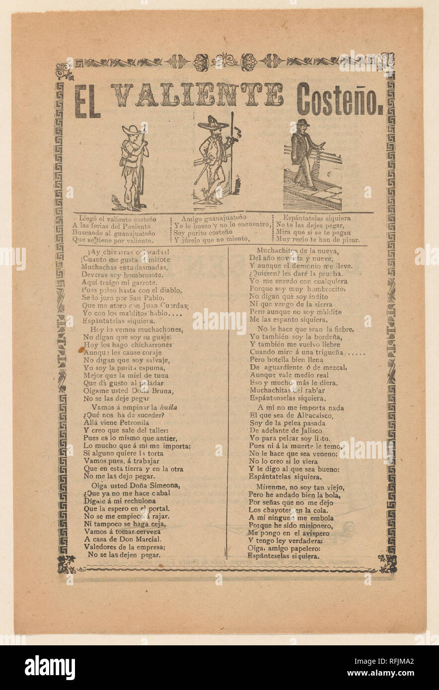 Broadside sur un brave homme de la côte ouest du Mexique, qui est montré marchant dans une rue portant un sombrero. Artiste : José Guadalupe Posada (1851-1913), Mexicain. Fiche Technique : Dimensions : 11 × 13/16 8 3/16 in. (30 × 20,8 cm). Editeur : Antonio Vanegas Arroyo (1850-1917, Mexique). Date : ca. 1899. Musée : Metropolitan Museum of Art, New York, USA. Banque D'Images