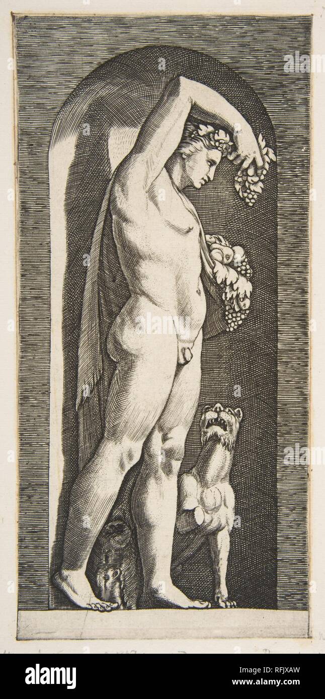 Bacchus debout dans une niche holding grapes dans sa main droite posée, des fruits dans sa main gauche, un chien rencontré DP818699 inférieur droit. Banque D'Images