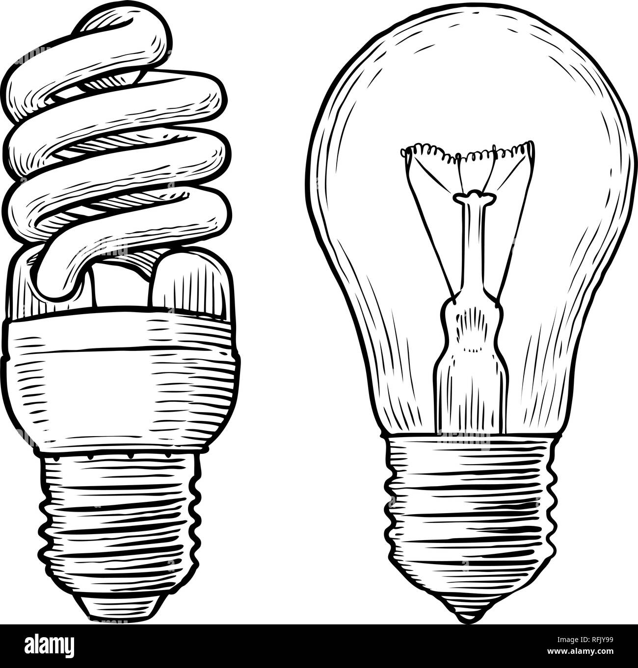 Lampe, ampoule de croquis. L'électricité, l'éclairage électrique, notion d'énergie. Hand drawn vector Illustration de Vecteur