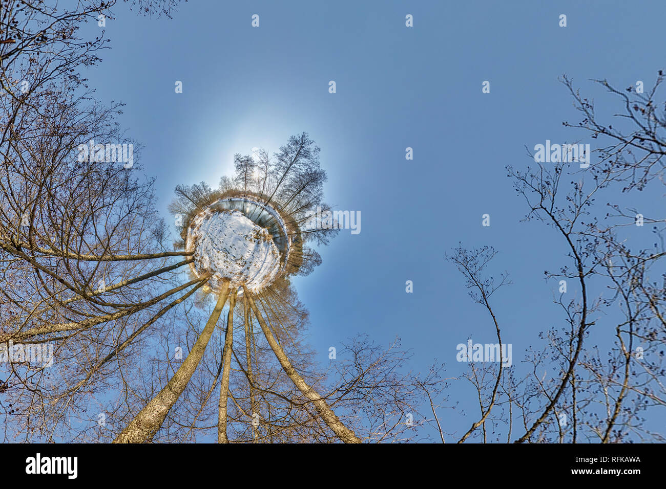 Petite Planète. Antenne sphérique 360 vue panoramique dans la forêt d'hiver en hiver journée ensoleillée sur fond bleu Banque D'Images