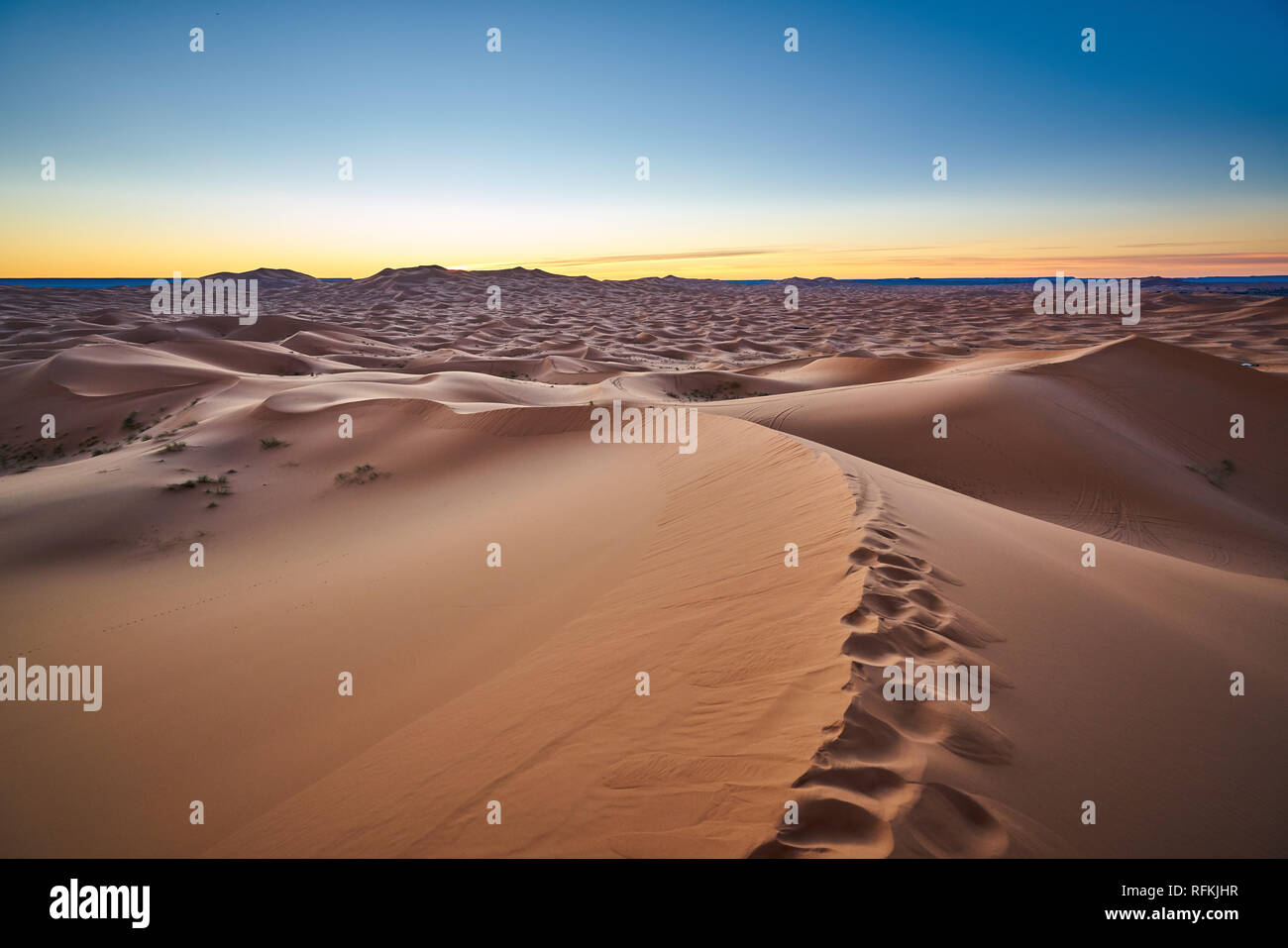 Pas dans le désert avant le lever du soleil. La photo du paysage désertique a été prise à Erg Chebbi près de Merzouga, Maroc saharien. Banque D'Images