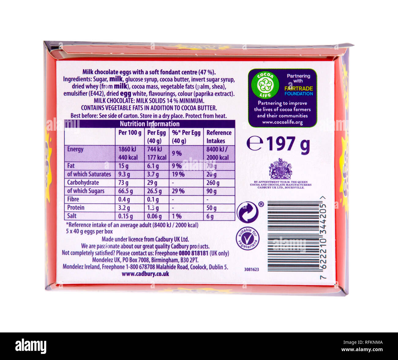 SWINDON, UK - 26 janvier 2019 - 5 pack de Cadbury creme oeufs montrant la Nutrition Informations Générales isolé sur fond blanc Banque D'Images