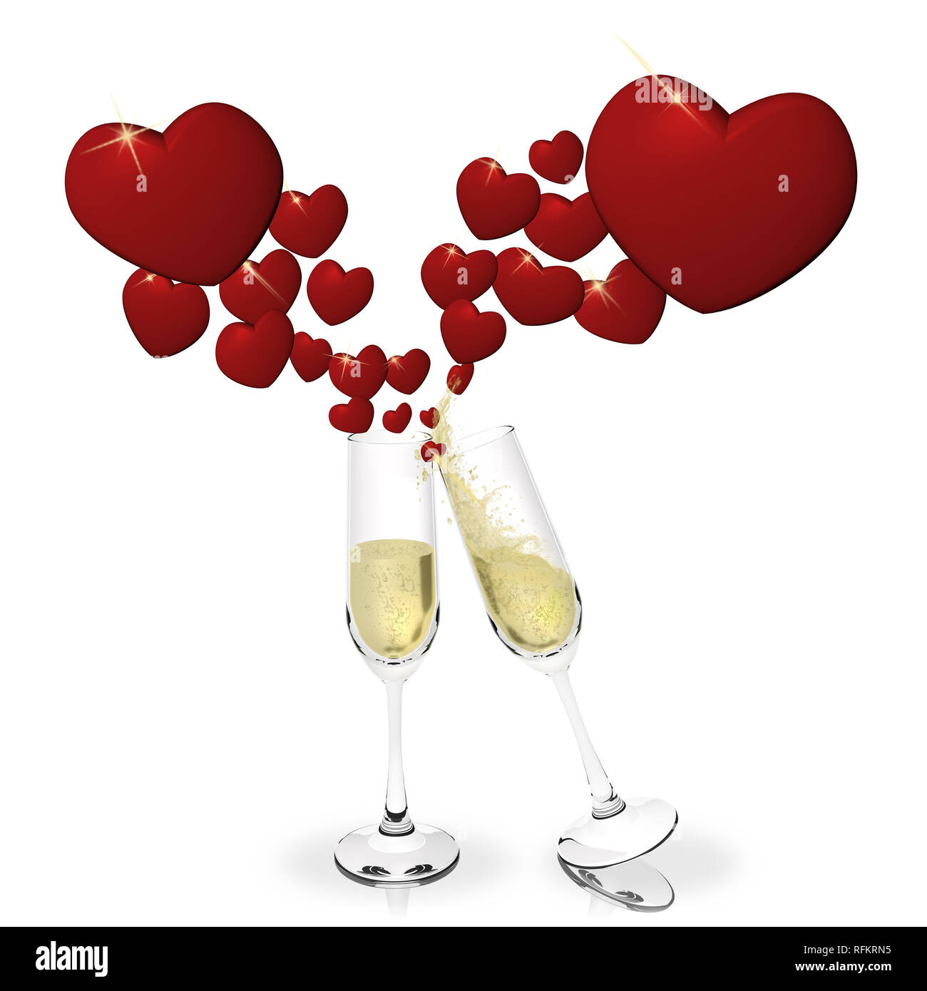 3D illustration. Cœurs toast avec du champagne Banque D'Images