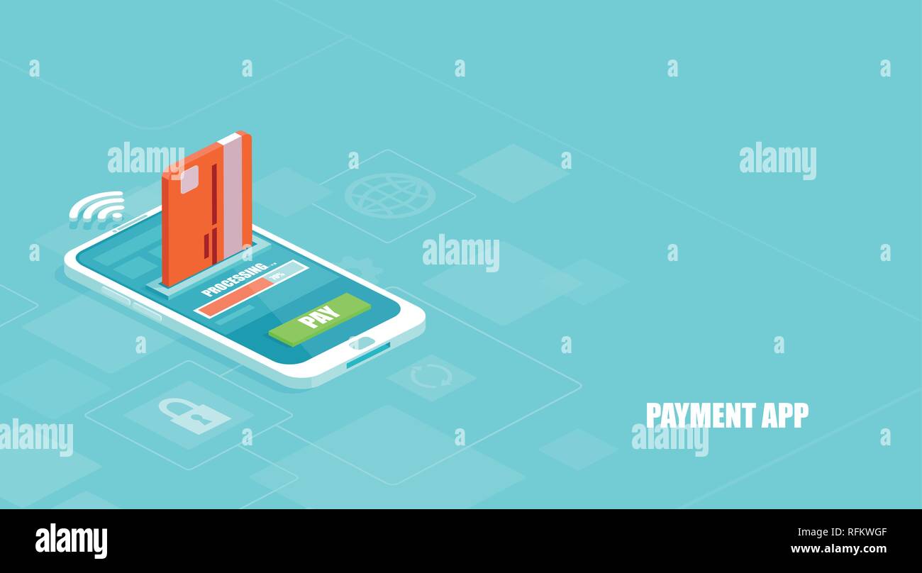 Sécurisée et pratique e-paiements concept. Vecteur d'un paiement en cours de traitement à l'aide d'une carte de crédit sur smartphone via une application financière Illustration de Vecteur