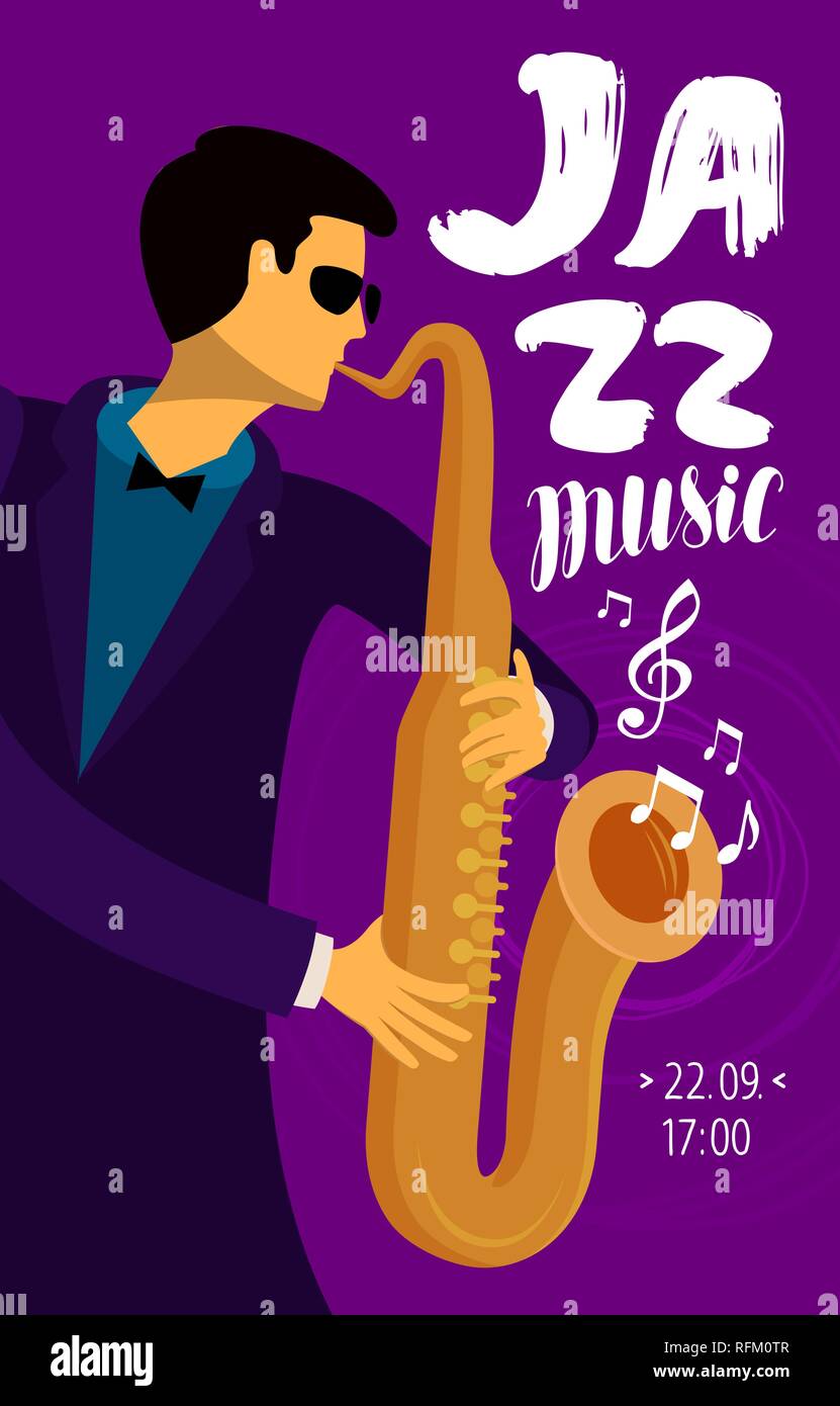 L'étiquette de musique de jazz. Musicien joue du saxophone. Vector illustration Illustration de Vecteur