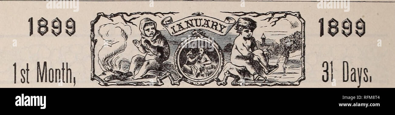 . P.B. Mingle &AMP ; Co.'s almanac 1899 manuel et le jardin. Pépinière en Pennsylvanie Philadelphie catalogues ; graines de graminées ; Catalogues Catalogues de semences. PHASES DE LA LUNE. Â£ Dernier Trimestre 4d. lOh. 21m A. Je 3 Premier trimestre 18d. Ilk. 36m M. (g) Nouvelle Lune couvercle. 5h. 49m. A. | Â© Pleine Lune 26d. 2h. 31m. A. L'istâDay Janvier Durée : 9 heures, 22 minutes. Un calendrier pour 0 Â£ une YOBK 0 Nouvelle ville, Philadelphie, 0 a 0 New York, New York. New Jersey. Ohio â Â£ 0 Indiana et l'Illinois. e =s cj aun .élevé. Pi l'eau s'élève. Ensembles. S'élève. Philadelphia H. M. s. H. M 1 1 12 3 53 25 7 4 4 Un(509 A 994 tÂ£ 22 M Banque D'Images