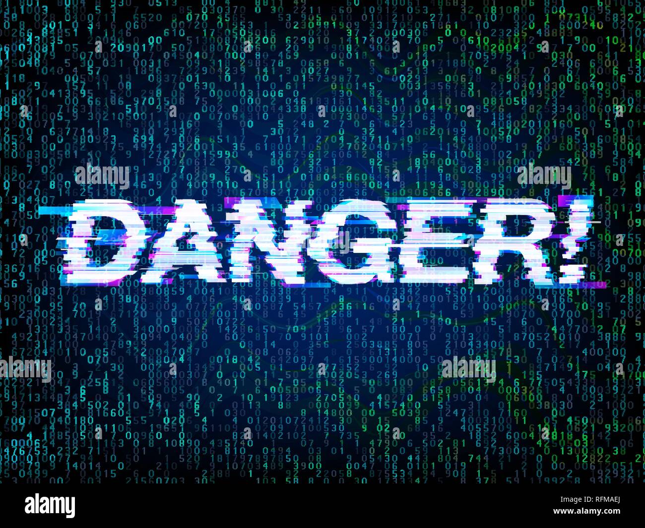 Inscription Danger au glitch style avec code informatique de l'arrière-plan, glitched attention. Symbole de l'ordinateur piraté, programmation, hacker et erreur de code con Illustration de Vecteur