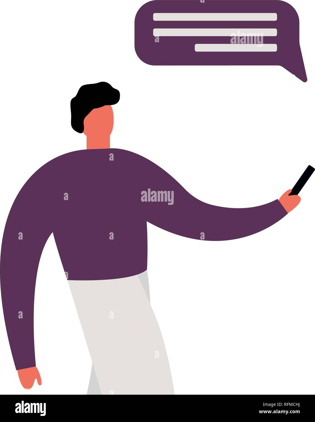 Caricature occasionnels à l'homme et tenant à son téléphone mobile et de messagerie sur un fond de formes géométriques. Vector man holding mobile smartphone Illustration de Vecteur