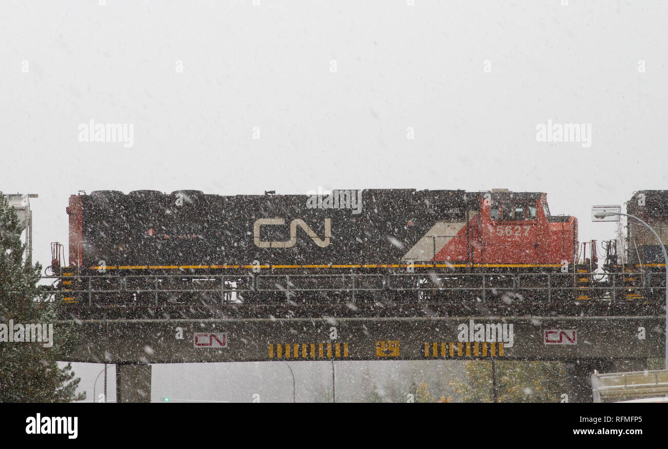 Locomotive du CN traverse un pont à Jasper Banque D'Images