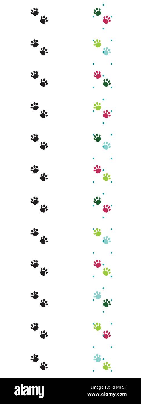 Ensemble de deux vecteur vertical avec des frontières sans couture cat paw paw chien. Rose, bleu et vert pattes . Pattes noires Illustration de Vecteur