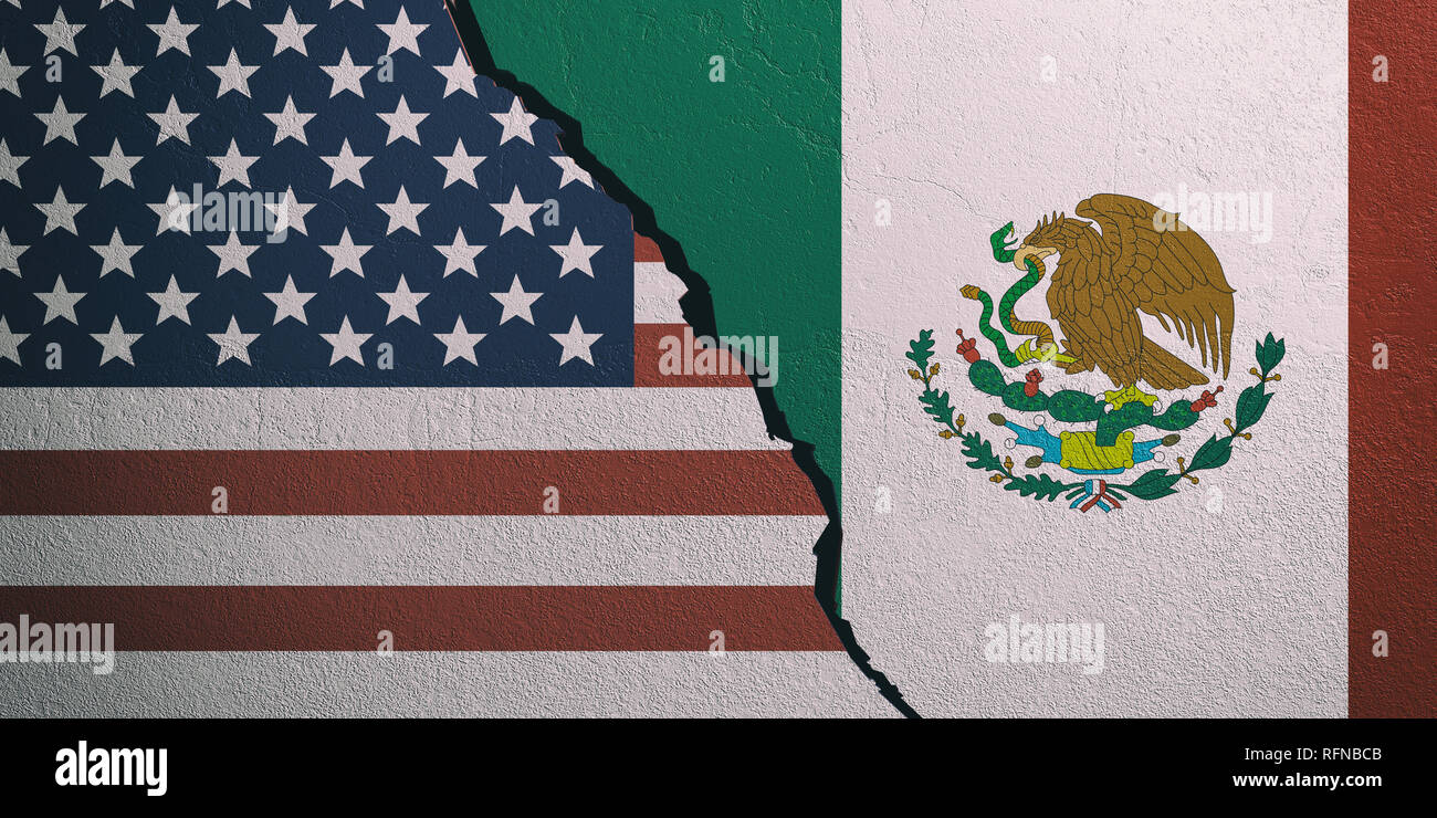 Les relations Etats-Unis/Mexique. US d'Amérique et le Mexique Les drapeaux sur fond mur fissuré. 3d illustration Banque D'Images