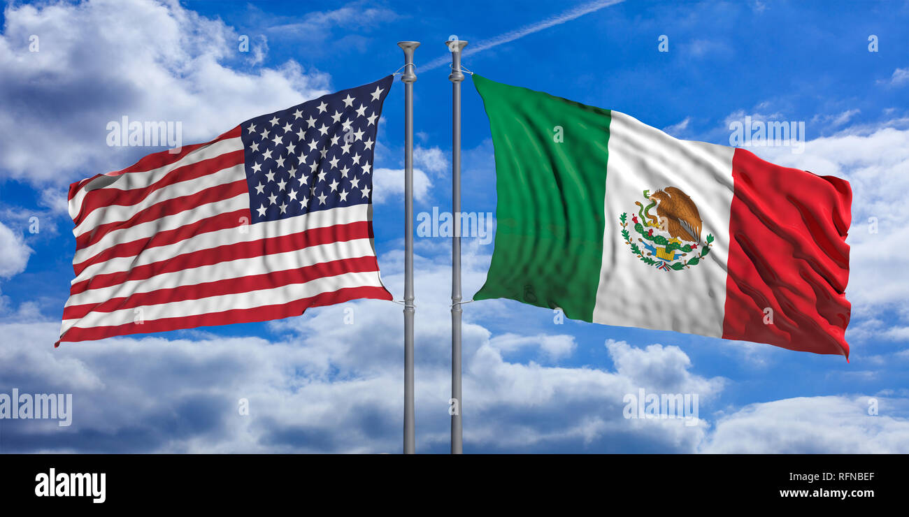 Les relations Etats-Unis/Mexique. Des États-Unis et du Mexique en face en agitant des drapeaux sur fond de ciel bleu. 3d illustration Banque D'Images