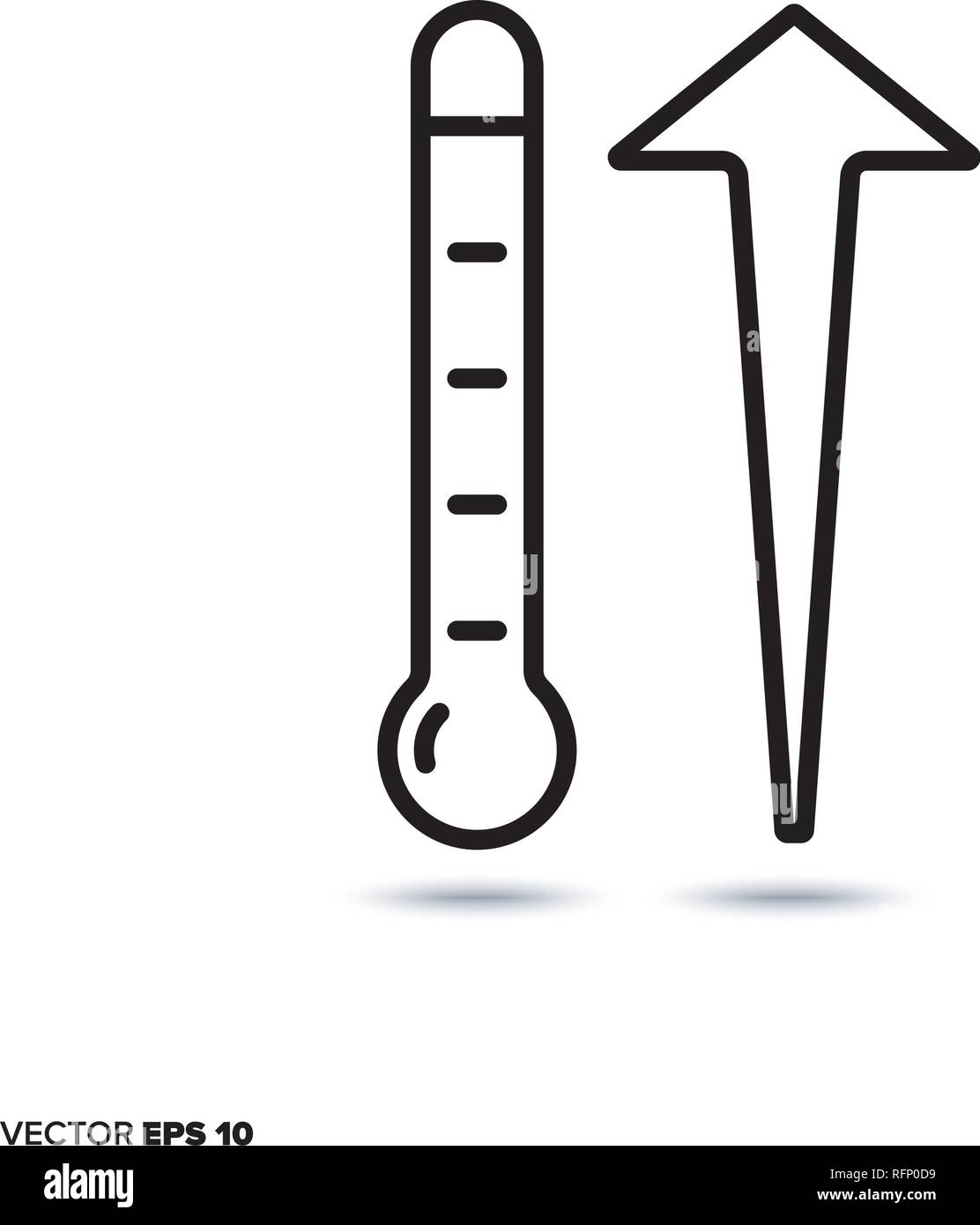 Thermomètre et flèche vers le haut sur l'icône de la ligne du vecteur. La hausse des températures à travers le symbole du changement climatique. Illustration de Vecteur