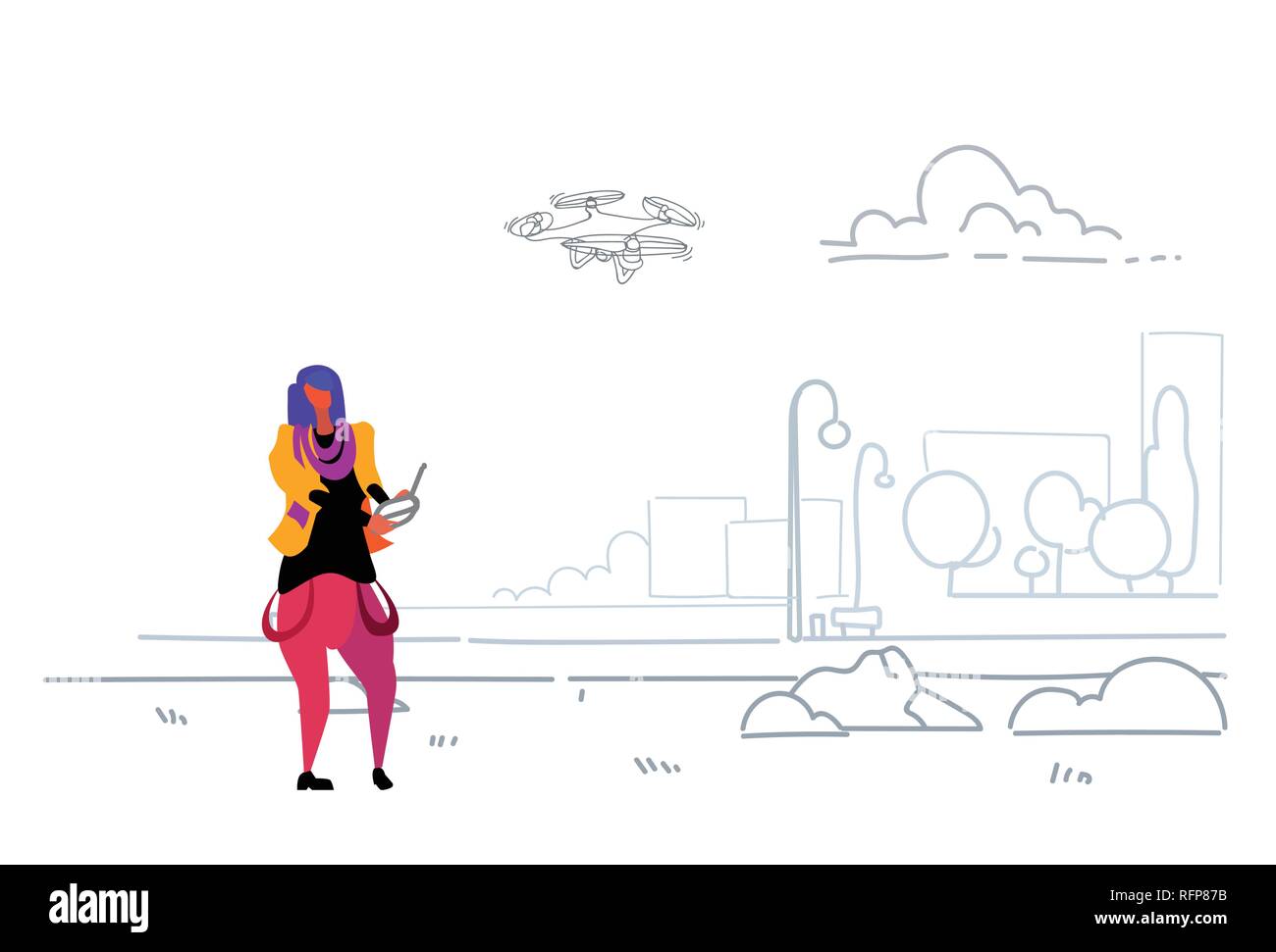 Femme à l'aide de la télécommande antenne jouant drone copter ville moderne parc urbain casual girl flying quadrocopter exploitation quadcopter croquis extérieur horizontal doodle Illustration de Vecteur