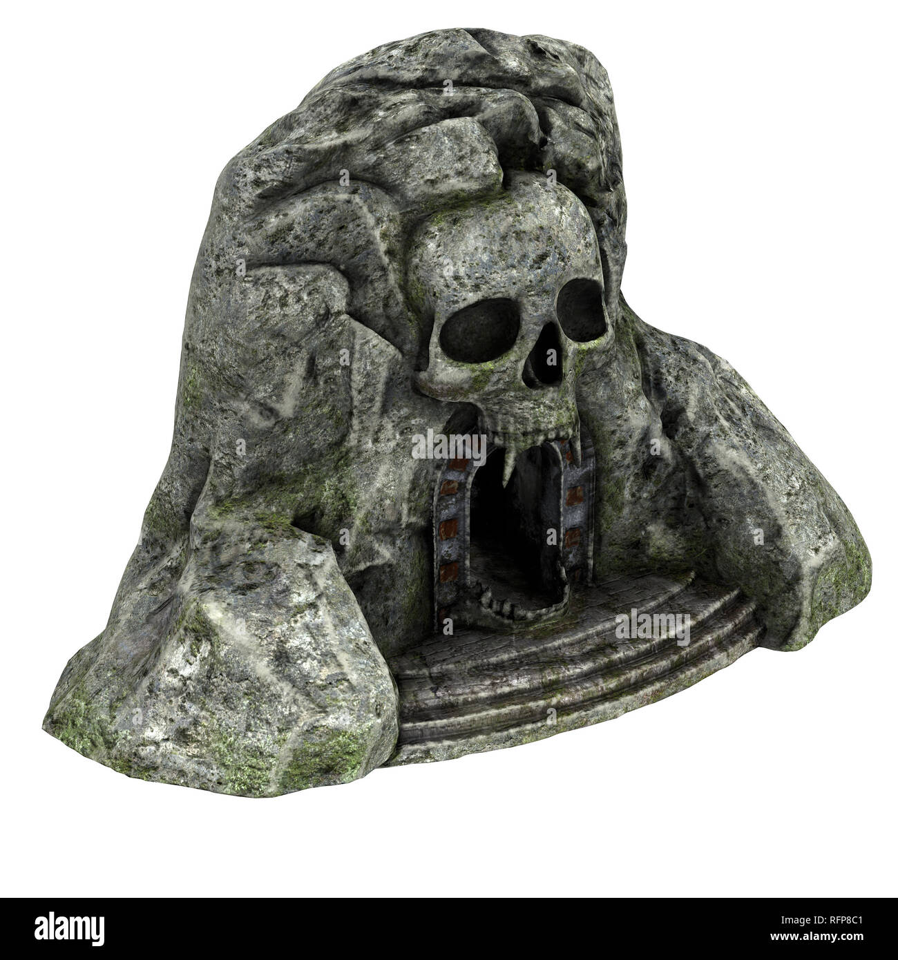 Entrée d'une grotte en pierre avec un crâne sur un fond isolé. 3d illustration Banque D'Images