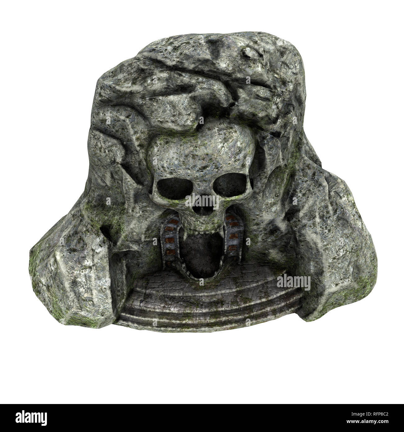 Entrée d'une grotte en pierre avec un crâne sur un fond isolé. 3d illustration Banque D'Images