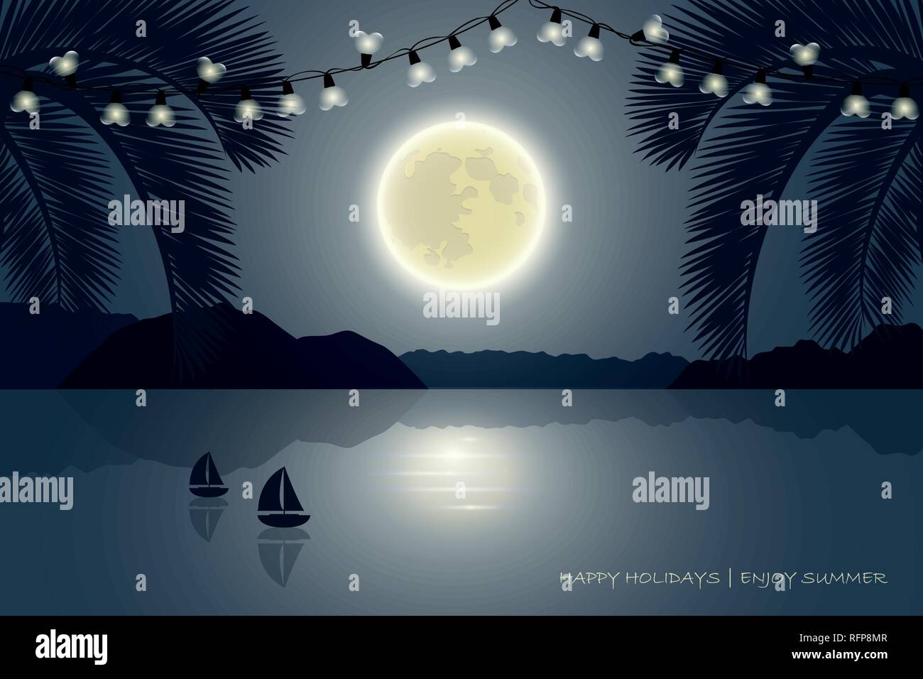 Paradis de vacances d'été à palm beach lune avec fairy lights et voilier vector illustration EPS10 Illustration de Vecteur