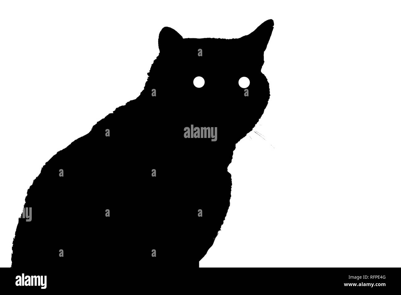 Silhouette d'un chat avec les yeux, la silhouette de chat assis sur blanc, noir cat isolés Banque D'Images