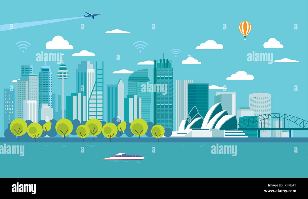 Sydney (Australie) sur les toits de la ville avec les principaux monuments de l'architecture. Dans l'avant des gens qui marchent. Télévision vector illustration. Illustration de Vecteur