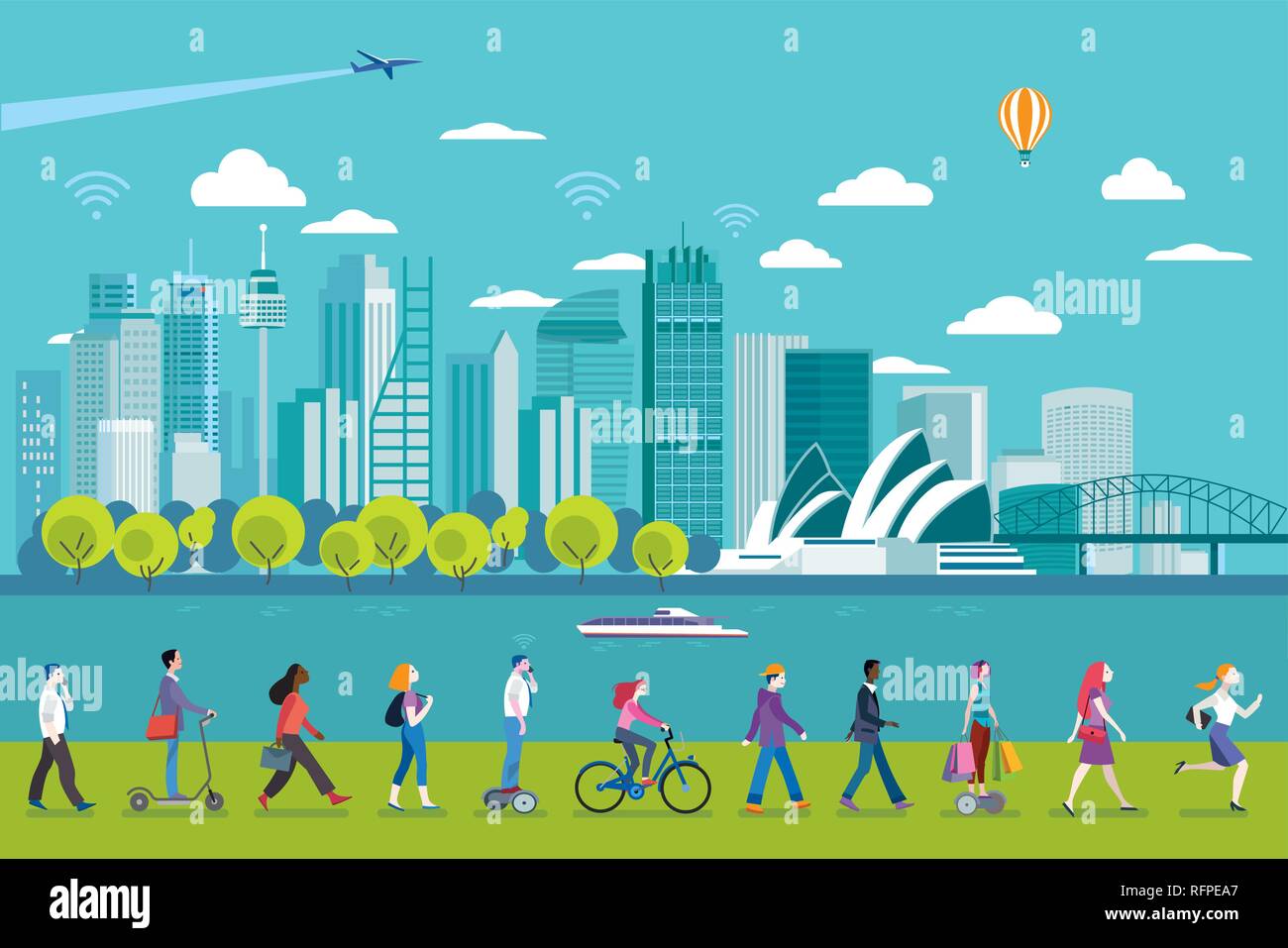 Vue panoramique de Sydney skyline avec les principaux monuments de l'architecture. Dans l'avant des gens qui marchent. Télévision vector illustration. Illustration de Vecteur