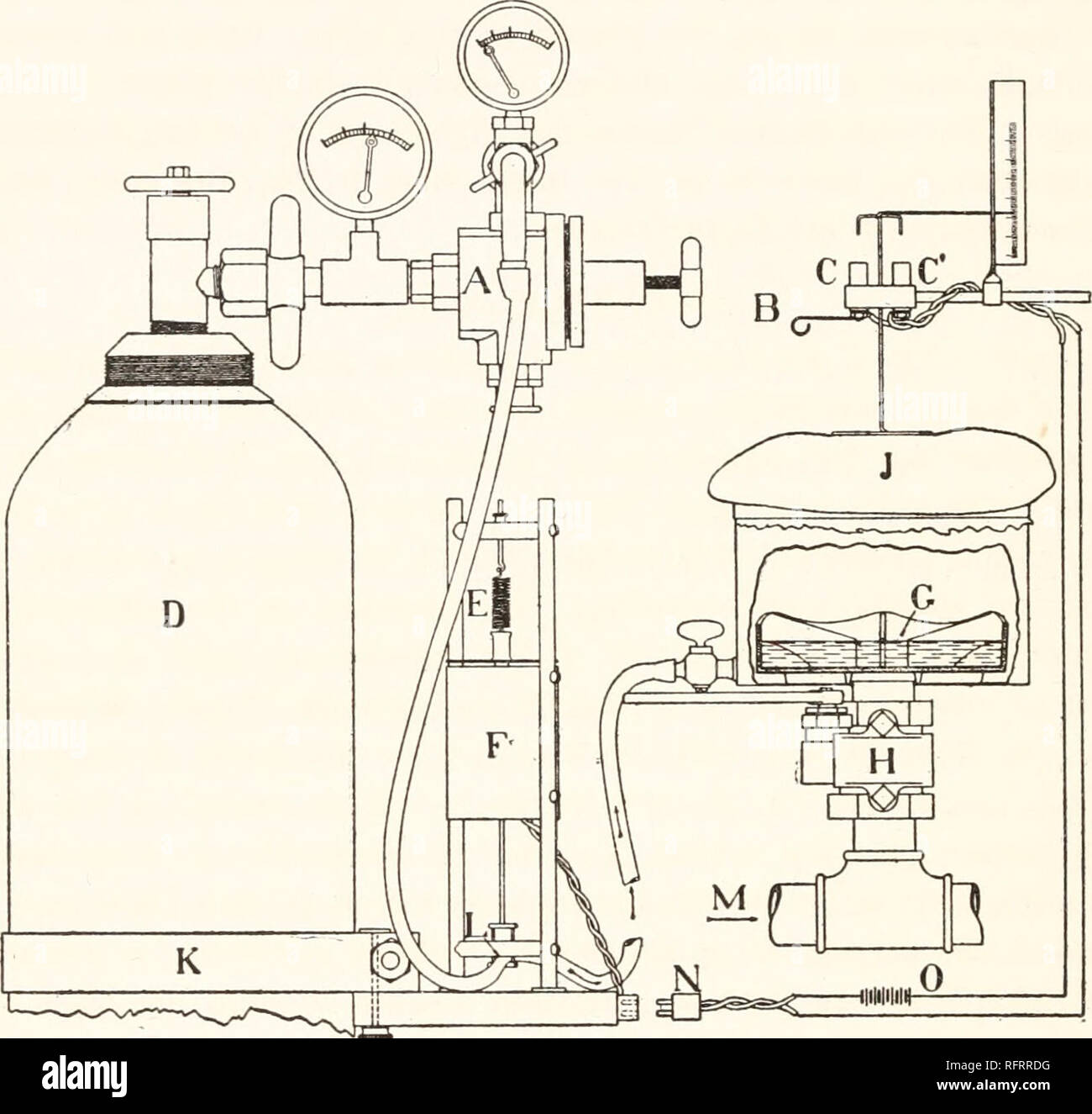 . Carnegie Institution of Washington publication. Les calorimètres 70 POUR L'étude des échanges respiratoires, etc. publié par un électro-aimant F, qui, lorsqu'elle exerce un pouvoir magnétique tirez sur la barre de fer, s'étend le ressort E, et en même temps libère la pression sur le tube en caoutchouc à L. Pour rendre le contrôle parfaitement automatique, l'appareil illustré sur le dessus de la tension-J'égaliseur est employé. Un anneau de fil, avec un support de câbles, est provoqué pour passer vers le haut par un palier fixé. FIG. 32.-Une partie de la bouteille d'oxygène et les connexions à la tension-égaliseur. Sur la gauche est montré la moitié supérieure de l'oxyg Banque D'Images