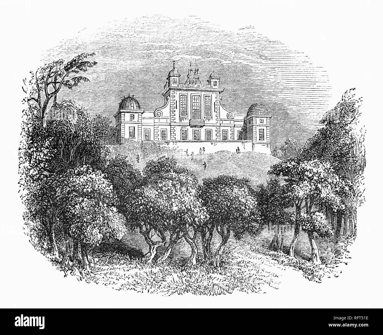L'Observatoire Royal, est un observatoire situé sur une colline dans le parc de Greenwich, donnant sur la Tamise. Il a joué un rôle majeur dans l'histoire de l'astronomie et la navigation, et est surtout connu pour le fait que le premier méridien passe à travers elle, et ce qui a donné son nom à l'heure de Greenwich. L'observatoire a été commandée en 1675 par le roi Charles II, sur un site choisi par Sir Christopher Wren. A cette époque, le roi a également créé le poste d'Astronome Royal John Flamsteed, nommer comme premier Astronome Royal. Banque D'Images