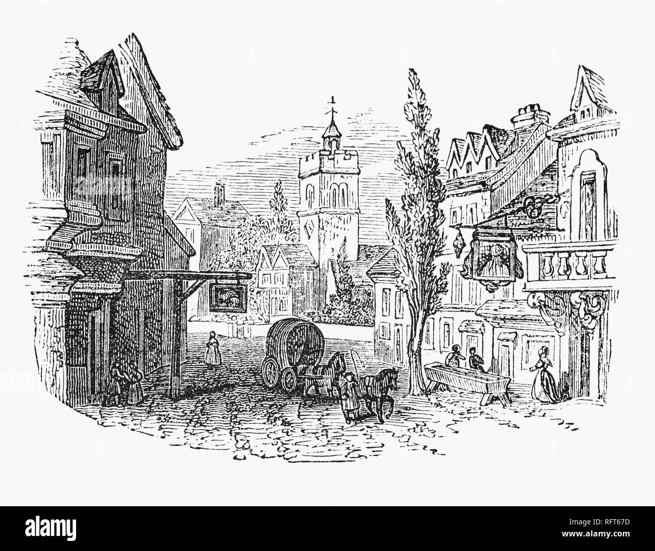 Une 18e siècle scène de rue à Islington, dans le Grand Londres, Angleterre, montrant le vieux St Mary's Parish Church dans la rue. Aujourd'hui partie de l'arrondissement londonien de Islington, il a grandi comme un immense village Middlesex le long de la ligne de la Grande Route du Nord, et a fourni le nom de la ville moderne. Banque D'Images