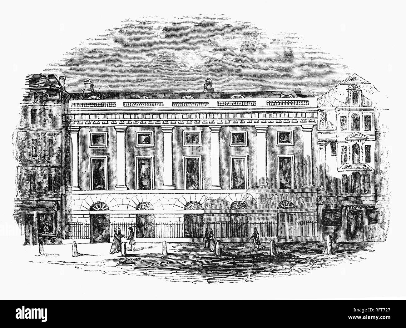 L'ancien East India House, Londres siège de l'East India Company, à partir de laquelle une grande partie de l'Inde britannique était régie jusqu'à ce que le gouvernement britannique a pris le contrôle de la société ses biens en Inde en 1858. Il était situé dans Leadenhall Street dans la ville de Londres. La première est de l'Inde maison sur le site était un manoir élisabéthain, précédemment connu sous le nom de Craven House, dont la société d'abord occupée en 1648. Cela a été complètement reconstruit en 1726-29 ; et à la suite rénové et agrandi en 1796-1800. Il a été démoli en 1861. Banque D'Images