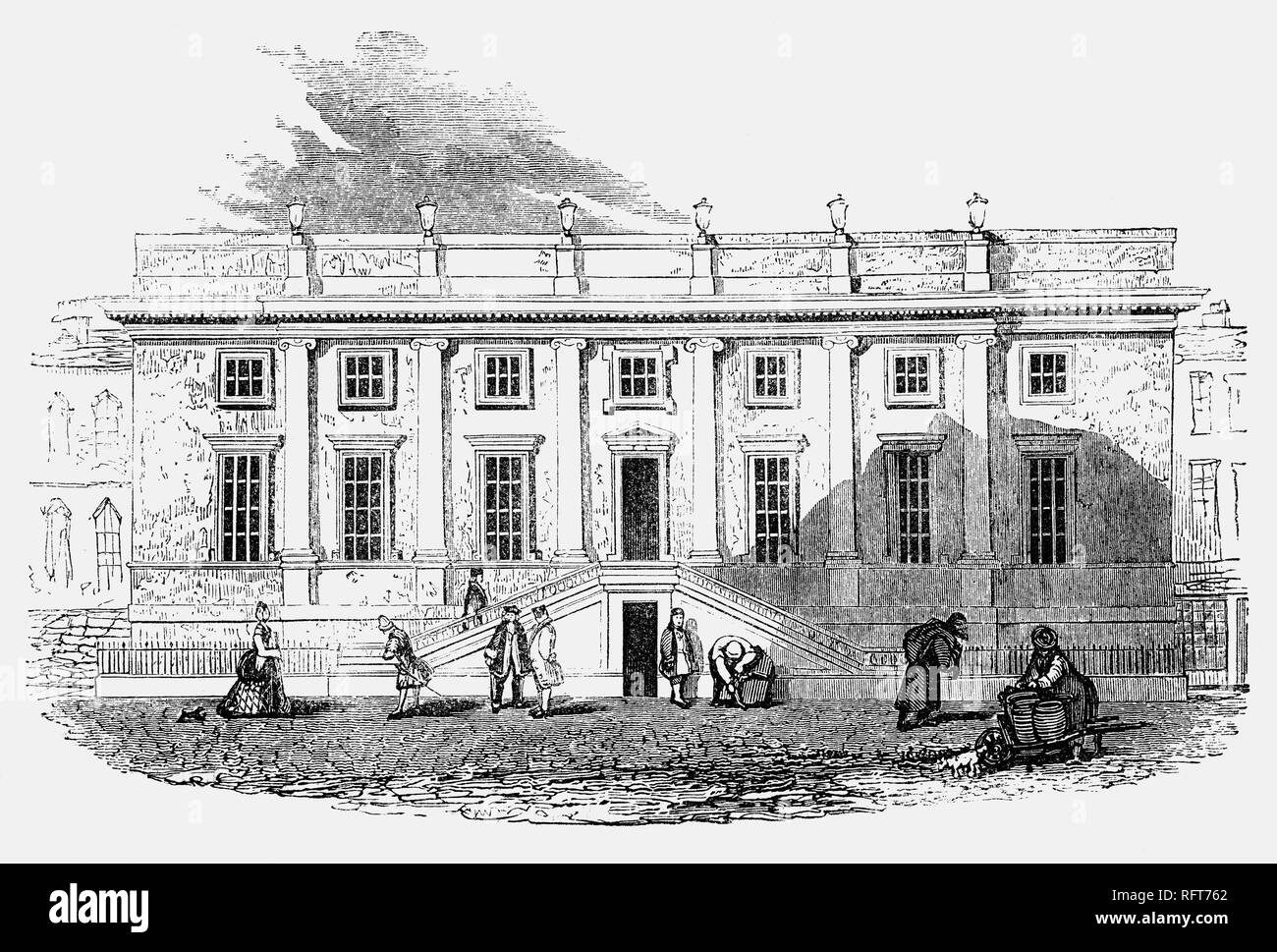 Le Hall des chirurgiens de Londres idéalement se tenait à Old Bailey, près de la cour de conviction, Newgate et ceux sur le point d'être exécuté. C'est un bel immeuble, ornée de pilastres ioniques, et avec une double volée de marches jusqu'au premier étage. Au-dessous est une porte pour l'admission des corps d'assassins et autres criminels, qui, après l'exécution, ont été disséqués dans le théâtre des chirurgiens, selon une loi adoptée en 1752, et qui a été abrogée seulement dans le règne de Guillaume IV. Banque D'Images