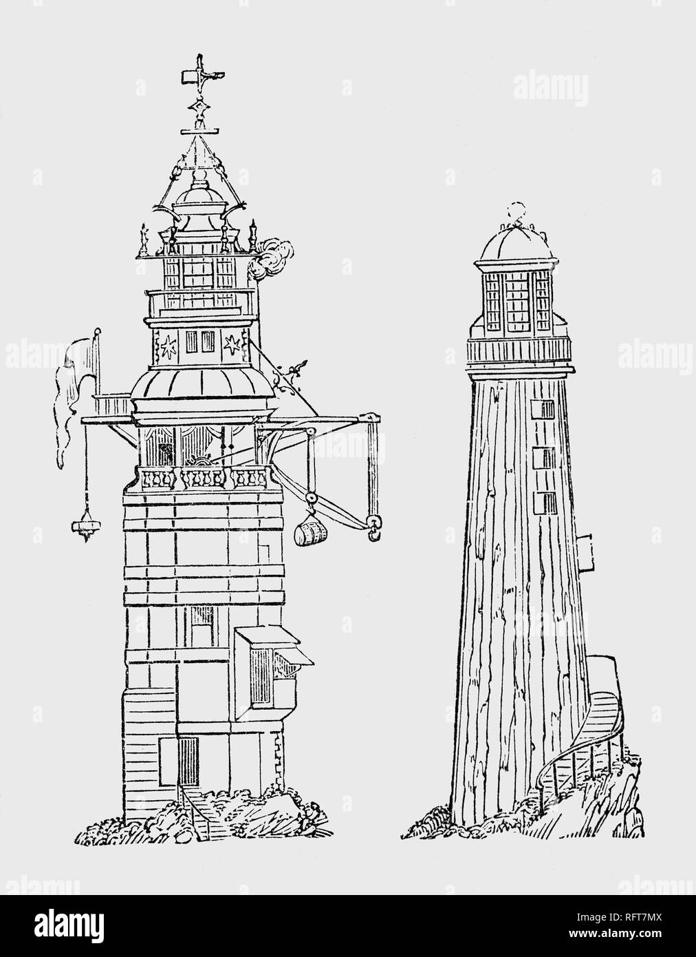 L'Eddystone Lighthouse design by Henry Winstanley 1644-1703), un ingénieur anglais qui a construit le premier phare au sud de rame Head, en Angleterre. Winstanley investis dans des entreprises commerciales dans cinq navires, dont deux ont été échoué sur le récif. Dit que c'était trop dangereux pour marquer, il a décidé de construire le premier phare. Le dessin suivant est le troisième phare Eddystone Eddystone Rocks sur la dangereuse, au sud de rame Head, en Angleterre. Conçu à l'aide des blocs de granit de la Société royale, ingénieur civil John Smeaton Banque D'Images