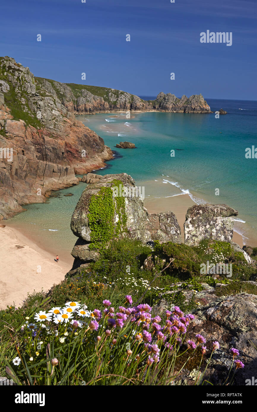 Pednvounder Plage et falaises de Porthcurno Treen, Cornwall, Angleterre, Royaume-Uni, Europe Banque D'Images