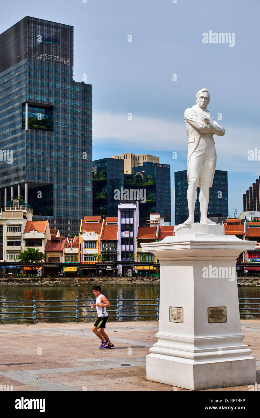 Statue de Raffles et Boat Quay, Quartier Colonial, à Singapour, en Asie du Sud-Est, l'Asie Banque D'Images