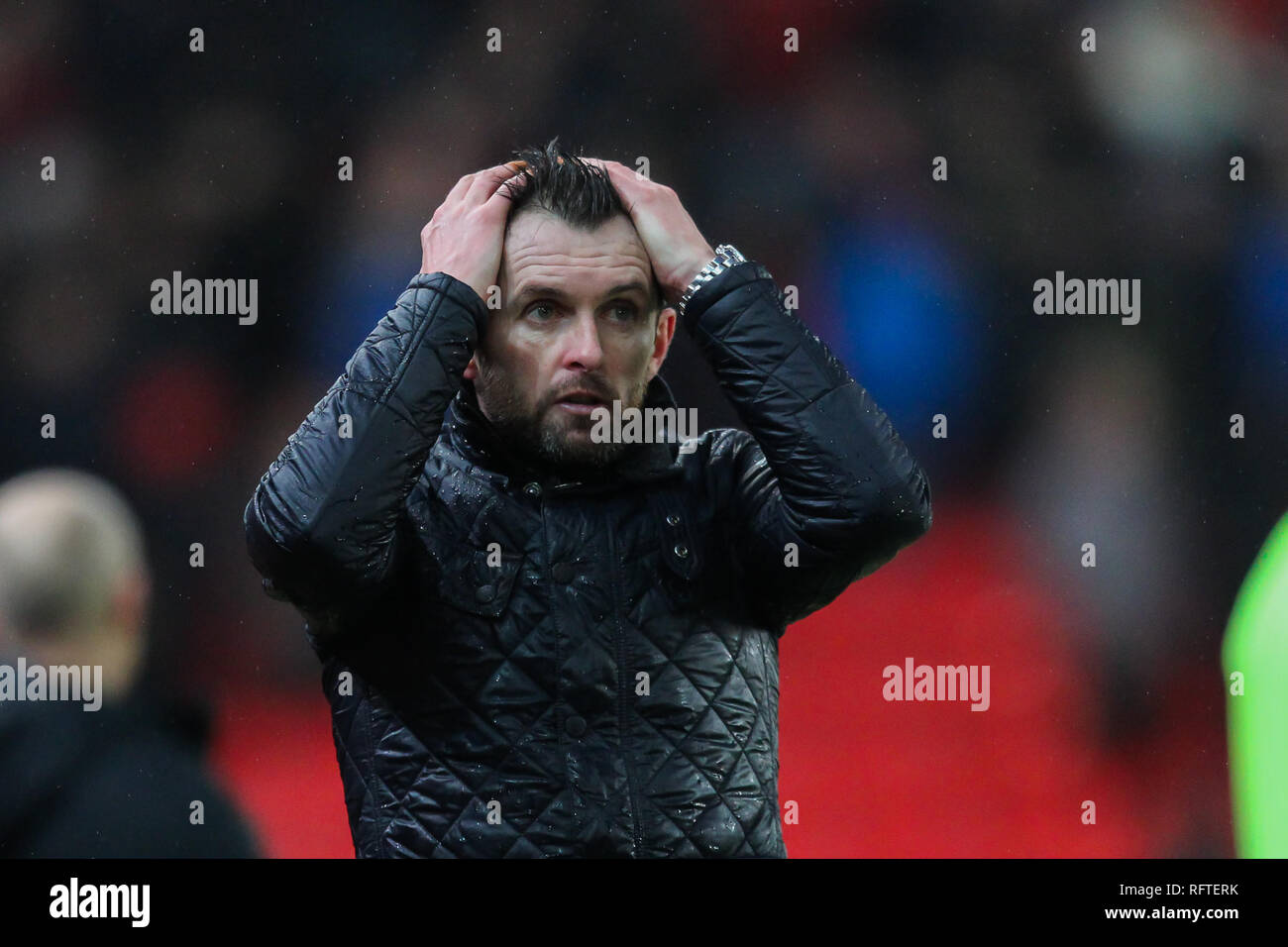 Stoke on Trent, dans le Staffordshire, au Royaume-Uni. 26 janvier, 2019. Stoke City manager Nathan Jones rues son équipe manque un mort au cours de l'EFL Sky Bet Championship match entre Stoke City et Preston North End au Bet365 Stadium, Stoke-on-Trent, Angleterre le 26 janvier 2019. Photo par Jurek Biegus. Usage éditorial uniquement, licence requise pour un usage commercial. Aucune utilisation de pari, de jeux ou d'un seul club/ligue/dvd publications. Credit : UK Sports Photos Ltd/Alamy Live News Banque D'Images